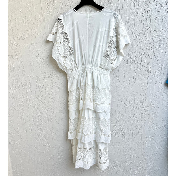 Farm Rio Richelier V-Neck Kimono Sleeves Tiered Lace Midi Dress Off-White Medium - Picture 6 of 9